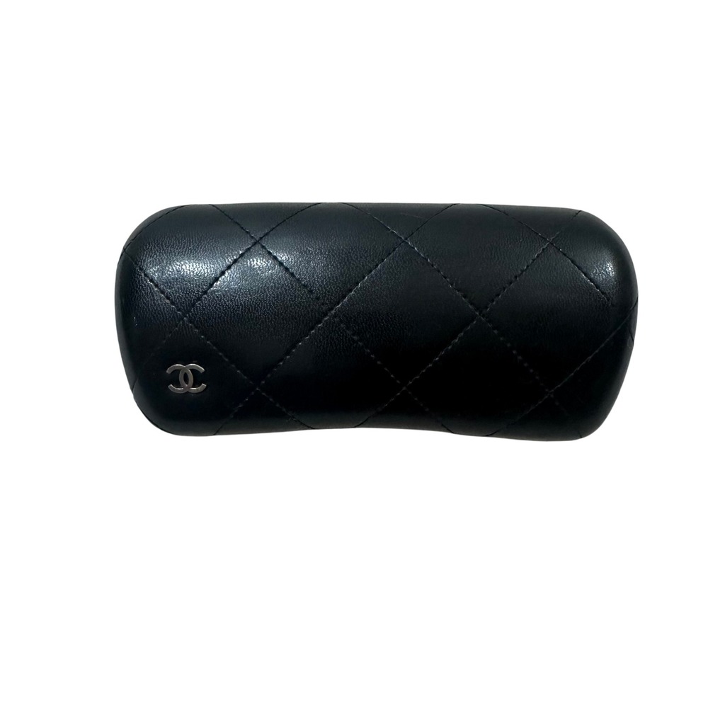Chanel Black Quilted Leather Sunglasses Case Silver CC Logo Made in Italy